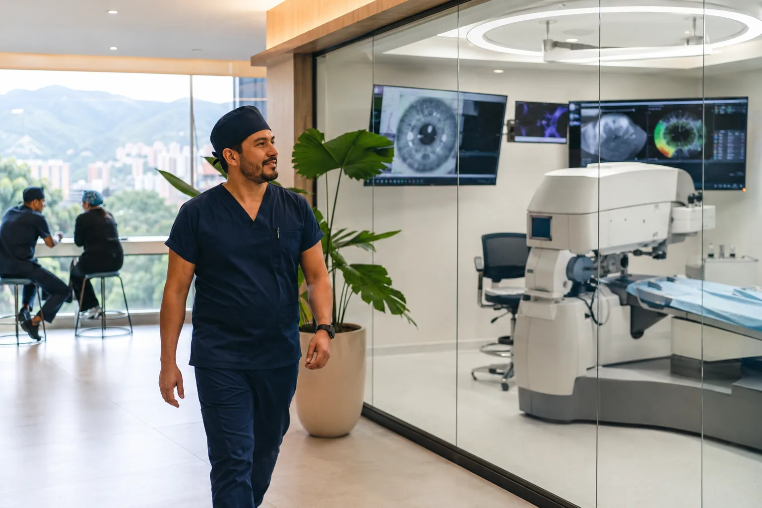 Surgeon in navy scrubs walking past a glass-walled femtosecond laser suite in a modern Colombian private hospital, city and mountains visible through the window