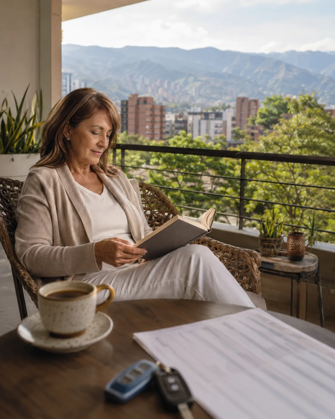 Patient recovering on a sunlit apartment terrace in Medellin with coffee, a book and a printed medical quote